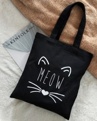 Текстильная сумка-шоппер черного цвета с мордочкой кота