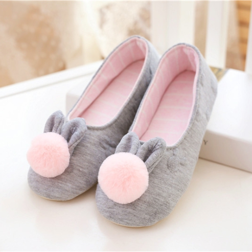 Тапочки-балетки с помпоном и ушками (серые)