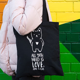Купить сумку шоппер оптом черного цвета с котом