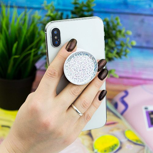 Держатель для телефона/попсокет "Глиттер" серебро с белым