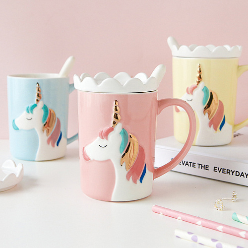 Кружка с ложкой "Kawaii unicorn" (розовая)