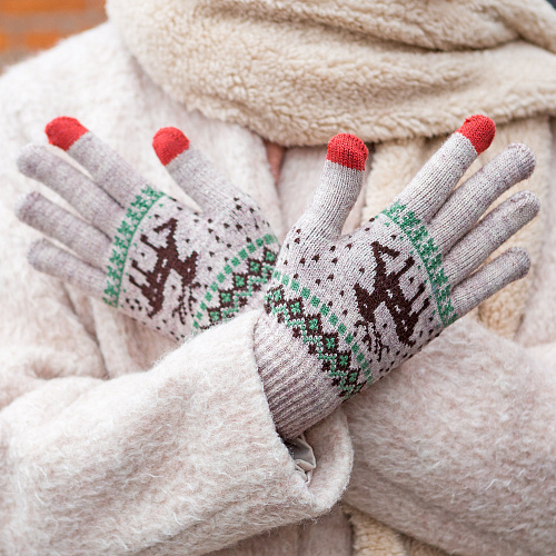 Перчатки с оленем сенсорные (бежевые)