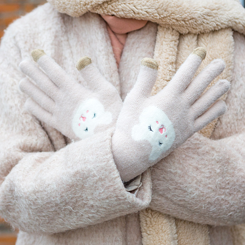 Перчатки сенсорные "Мордочки", бежевые