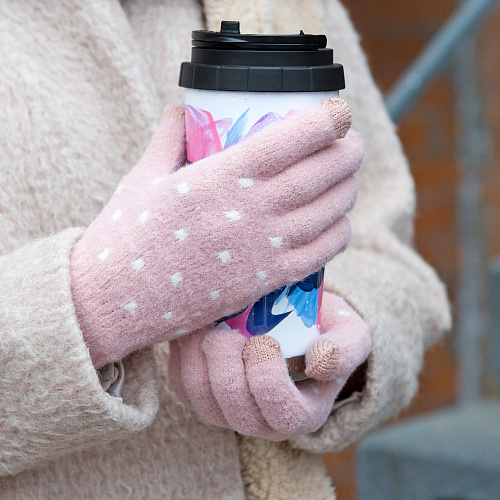 Перчатки сенсорные "Горошки", розовые