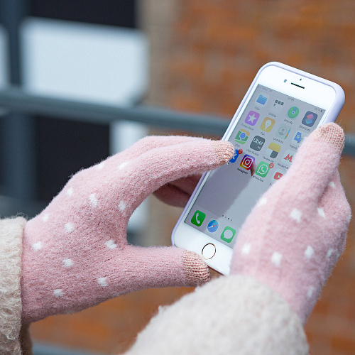 Перчатки сенсорные "Горошки", розовые