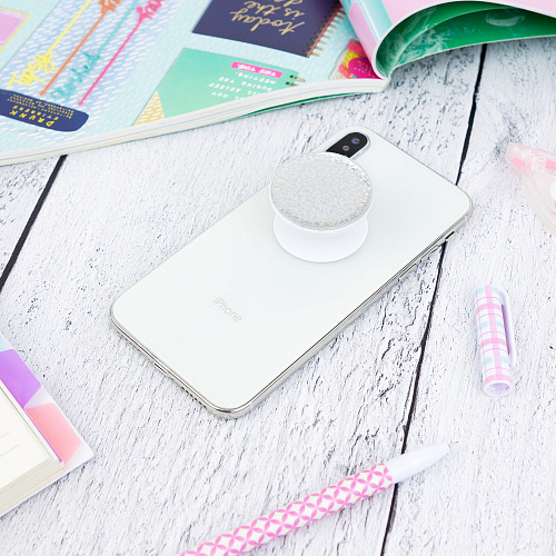 Держатель для телефона/попсокет "Глиттер" серебро с белым