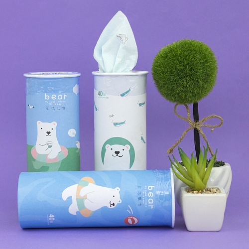 Салфетки-платочки с принтом в тубусе "Белый мишка" (синий)