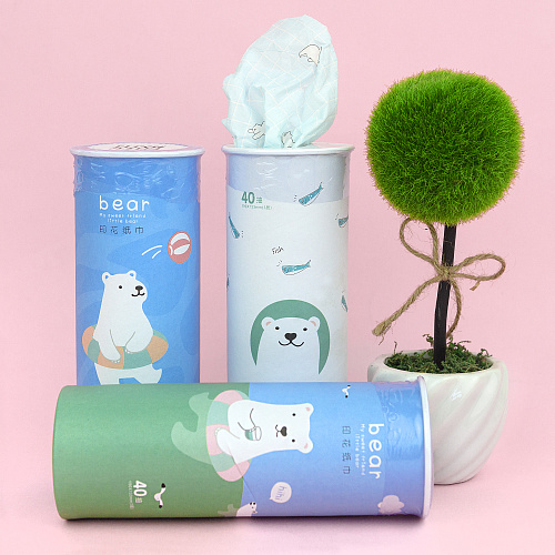 Салфетки-платочки с принтом в тубусе "Белый мишка" (синий)