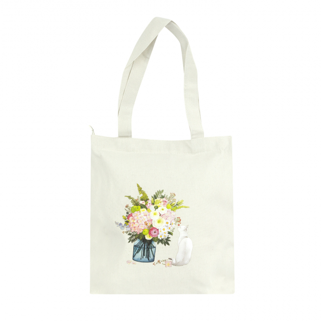 Эко-сумка шоппер с принтом, бежевая "Котик с цветами"