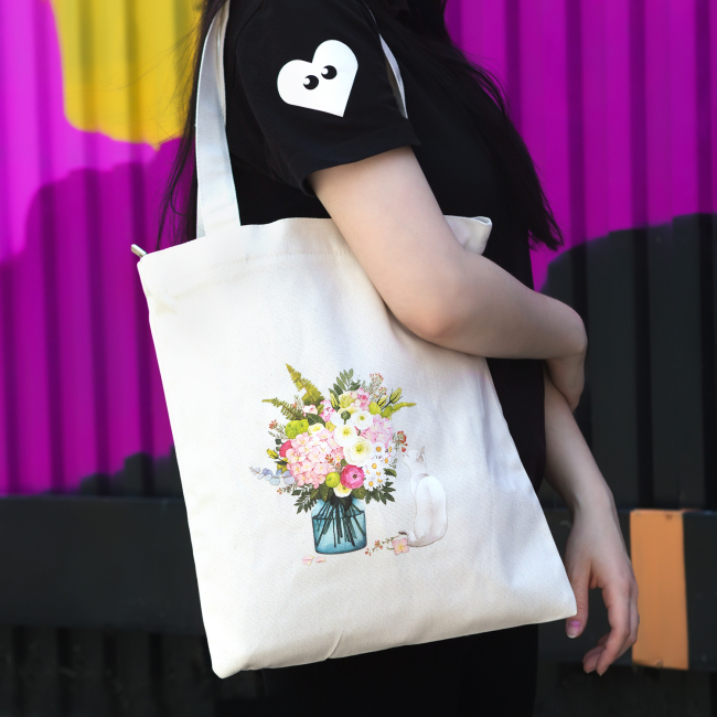 Эко-сумка шоппер с принтом, бежевая "Котик с цветами"