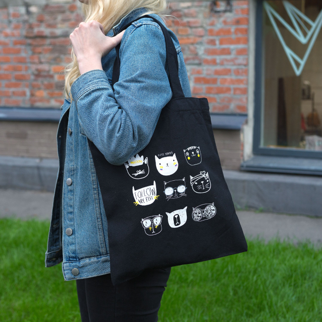 Эко-сумка шоппер с принтом "Cats face" (черная)