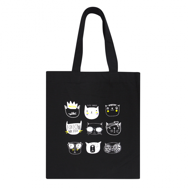 Эко-сумка шоппер с принтом "Cats face" (черная)