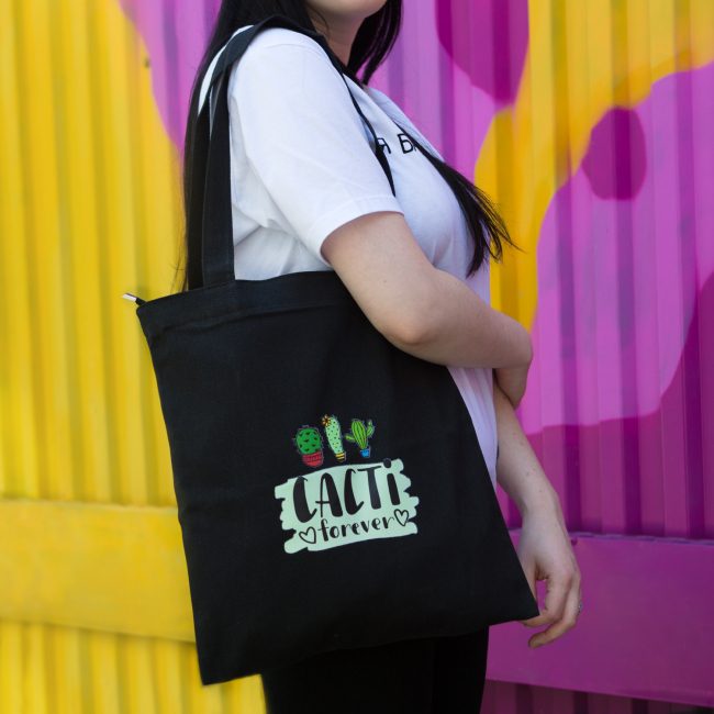 Эко-сумка шоппер с принтом, черная "Кактусы навсегда"