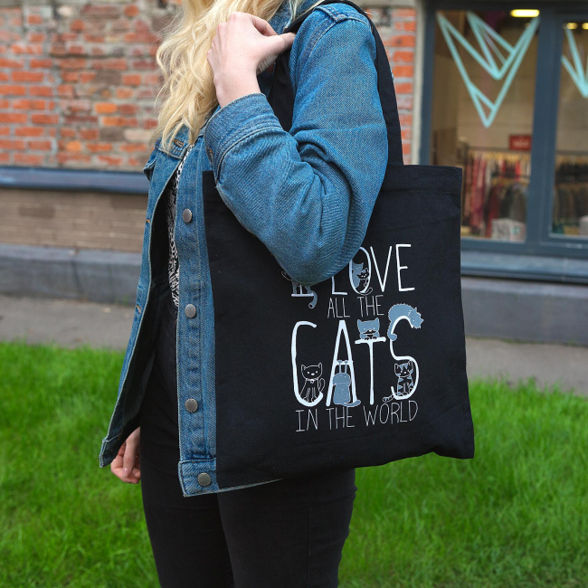 Эко-сумка шоппер с принтом "I love cats" (черная)