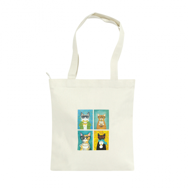Эко-сумка шоппер с принтом, св.бежевая "Четыре кота"