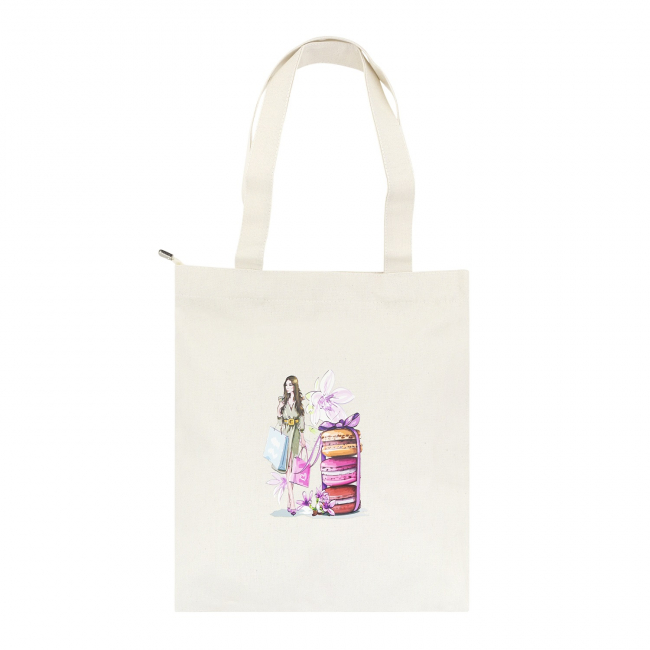 Эко-сумка шоппер с принтом, св.бежевая "Девушка и сладости"