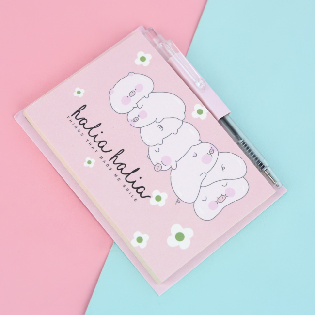 Мини-блокнот с ручкой "Cutie pig" (белые на розовом)